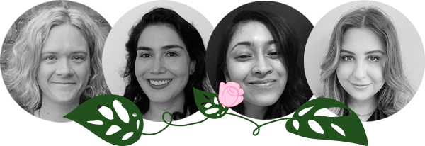 Four women's faces, intertwined by a plant and a rose in the middle