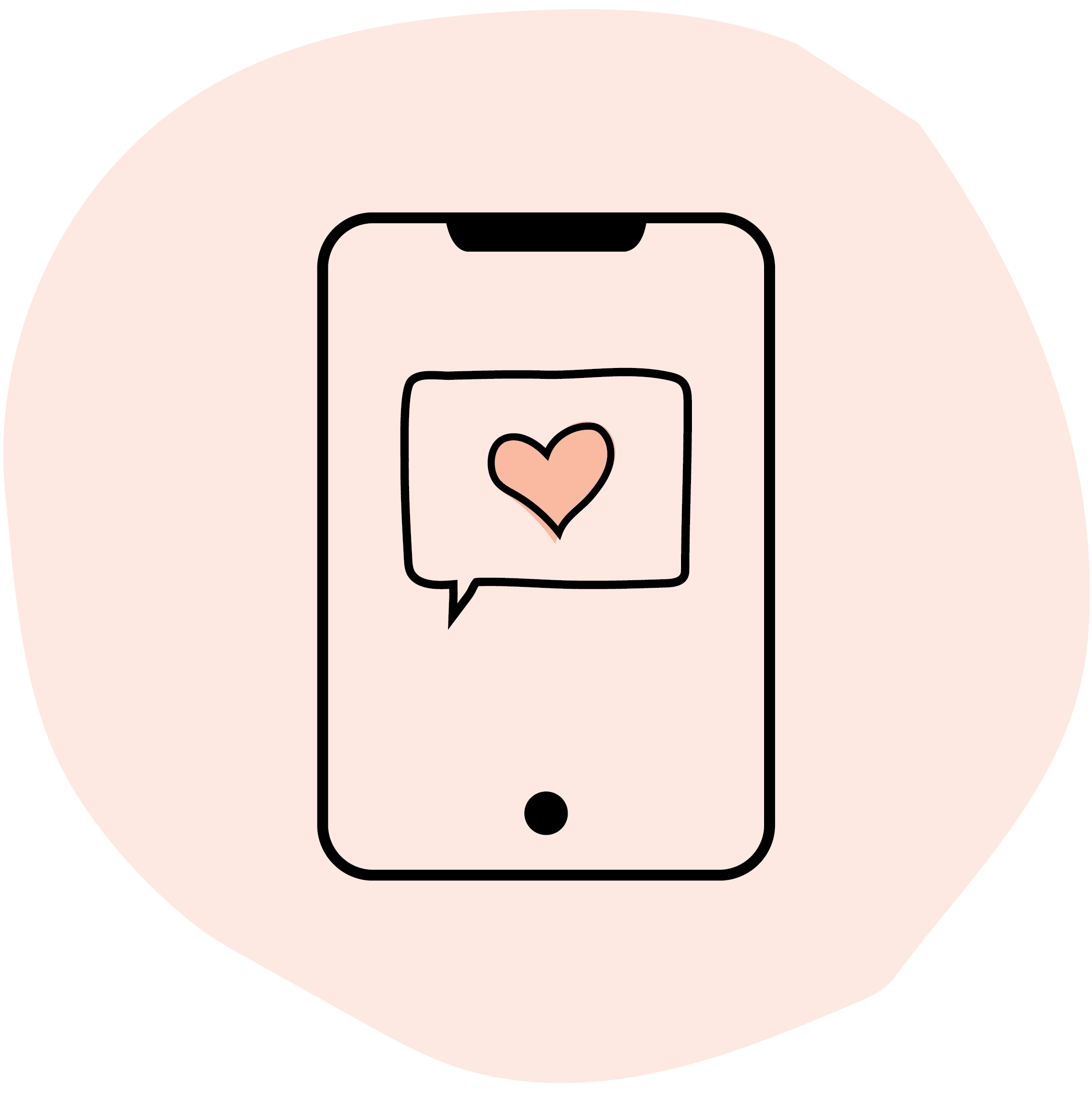 Simple line drawing of a mobile phone with a message icon. Inside the message is a red heart.