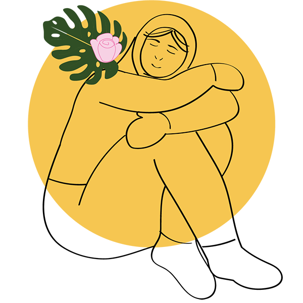 Person with headscarf hugging her legs with leaf and rose on their shoulder and a yellow round background